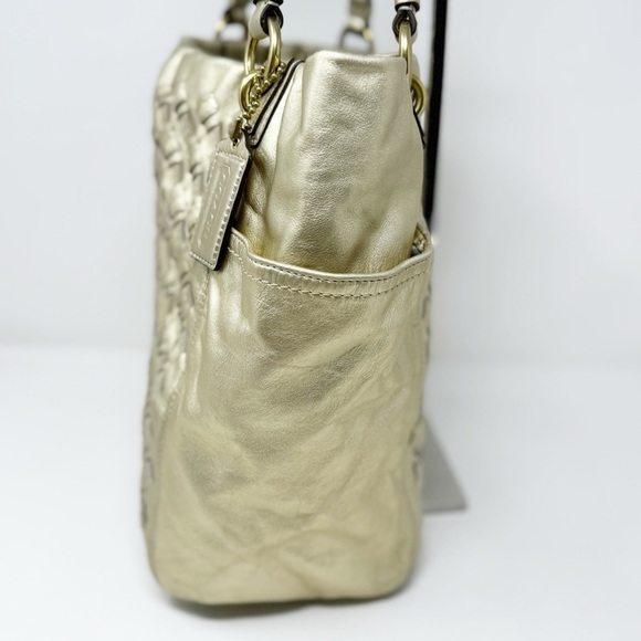 COACH North South Metallic Woven Leather Gold Shoulder Bag Tote - Picture 4 of 8